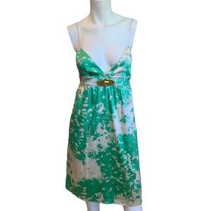 Lauren Moffat Green White Silk Stretch Dress Spaghetti Strap w/Gold Detail sz 4